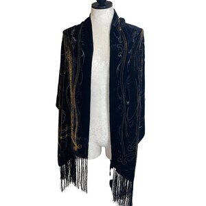 Samba Vintage Womens Scarf Size Large Black Burnout Velvet Fringe Casual